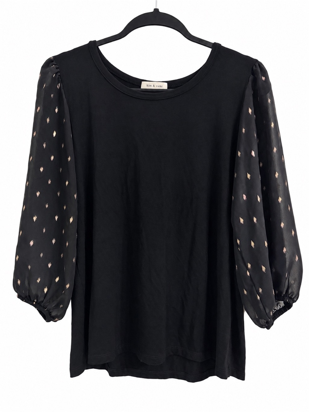 Kim & Cami Black Gold Sheer Balloon Sleeve Blouse Metallic Polka Dot Holiday M